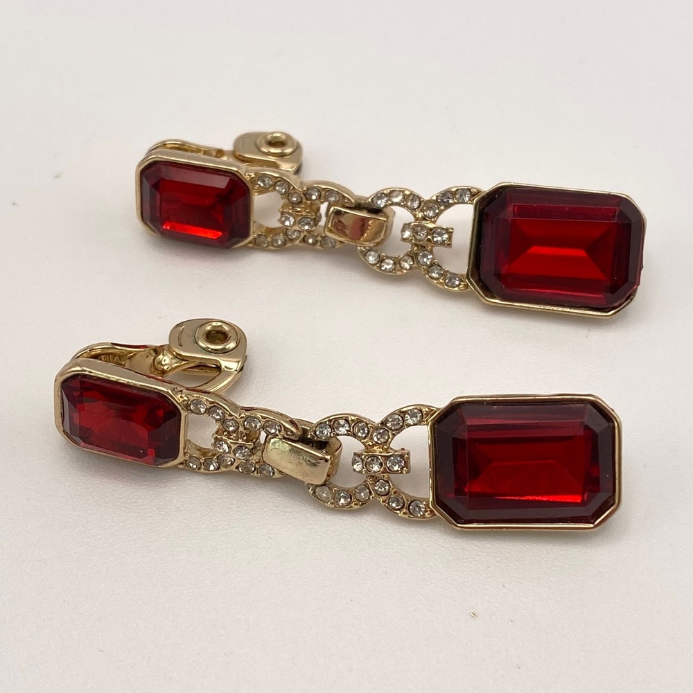 TJG Clip On Earrings Vintage Gold Tone Rhinestone Red Emerald Cut Glass 2 Inch